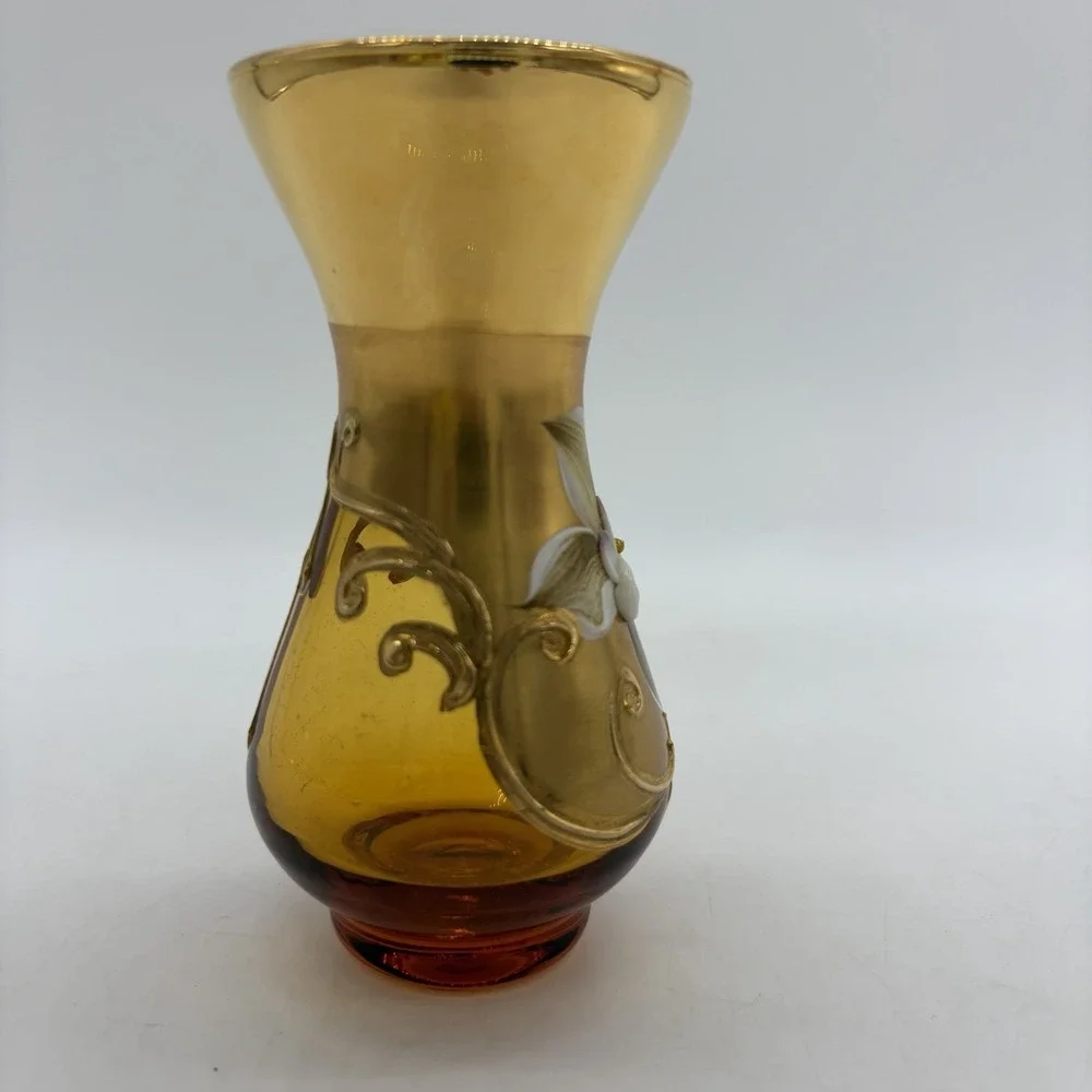 Vintage Venetian VR Italy Amber Glass Mini Vase Hand Painted Floral Gold Gilt 4